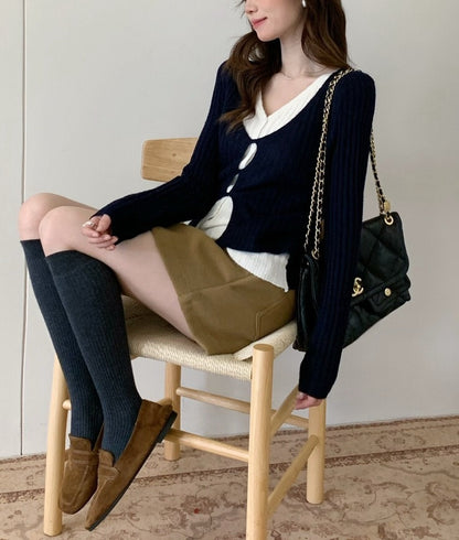 // 超顯瘦撞色假兩件針織上衣