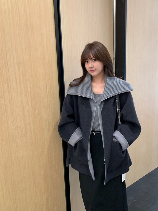 // 造型感針織翻領拼接假兩件手工羊毛外套(毛呢部份100%wool)