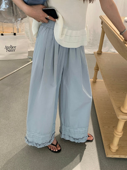 // 小復古刺繡花邊腳休閒褲