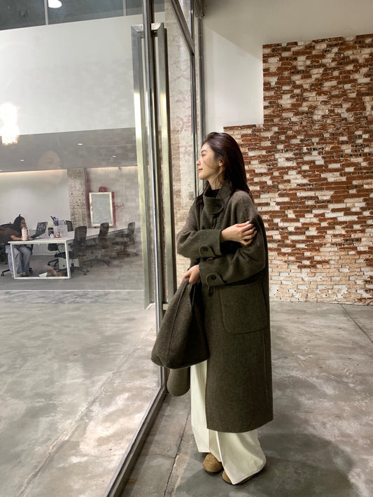 // 90%wool氣質立領長款手工羊毛外套(連袋仔)