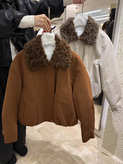 // 拼接卷毛領設計感短外套