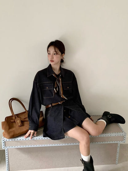 // 牛仔翻領長恤衫+高叉裙可分拆套裝(連絲巾+腰帶)