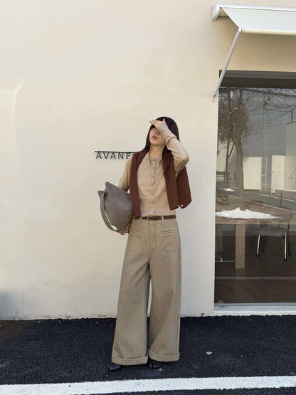 // 雙口袋裝飾加絨卷邊褲(連腰帶)