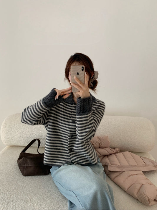 // 麻花領+袖拼色間條軟糯CD