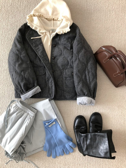 // 30%羊毛袖口拼接燈芯絨菱格夾棉外套