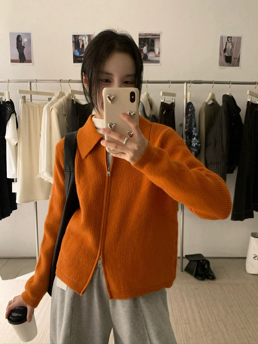 // 細直坑紋翻領上下拉鍊CD