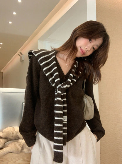 C80 / 柔軟混羊駝毛V領針織外套(連間條披肩)(8%WOOL)