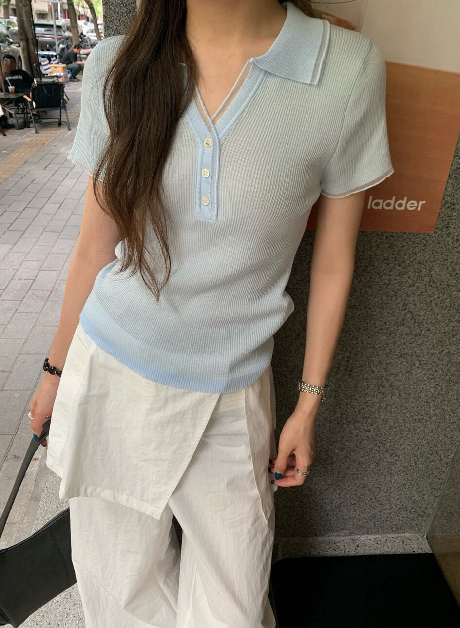 // 拼接lace邊小V翻領直紋NT