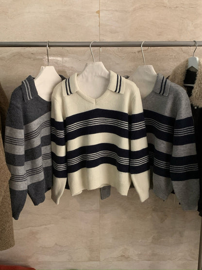 // 極簡風小V翻領間條毛衣