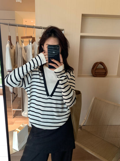 // 深V領假兩件針織上衣