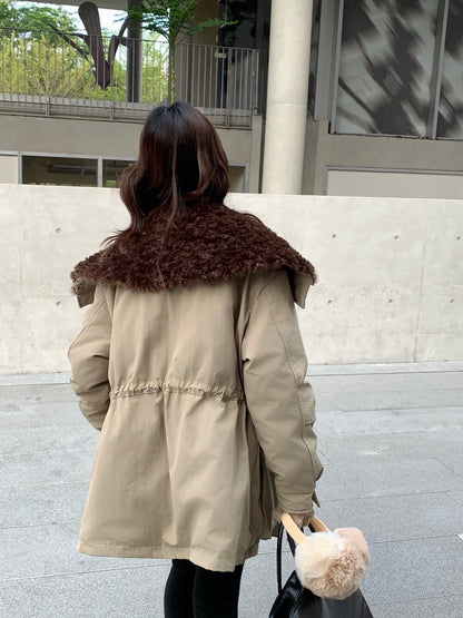 // 超帥大毛毛翻領可束腰口袋工裝外套