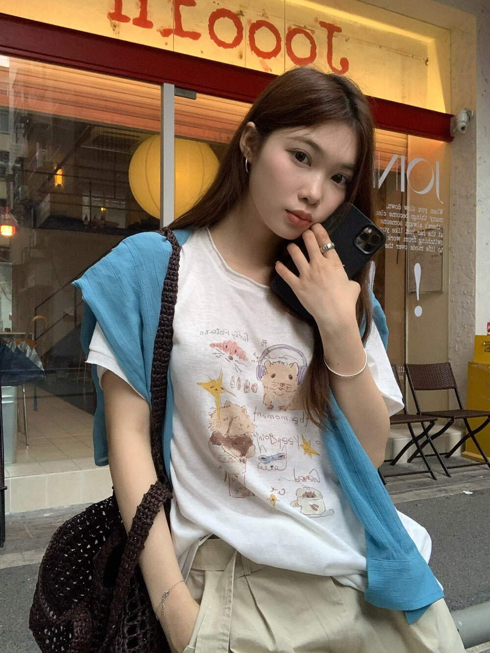 // 可愛手繪lyocell麻短袖TEE