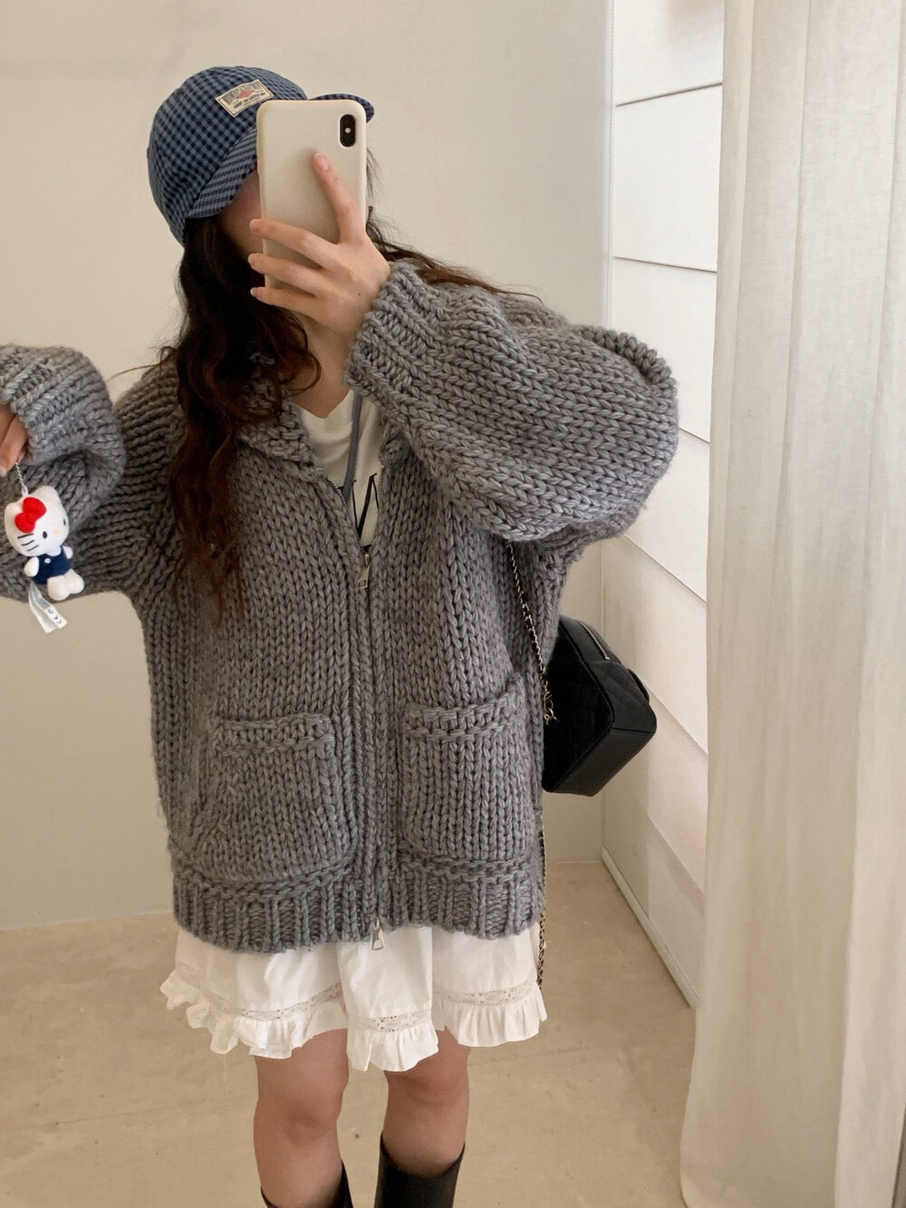 // 30%wool粗棒針手工織感圓翻領口袋拉鍊CD