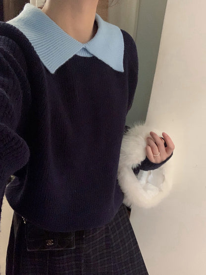 // 部分撞色翻領插肩毛衣