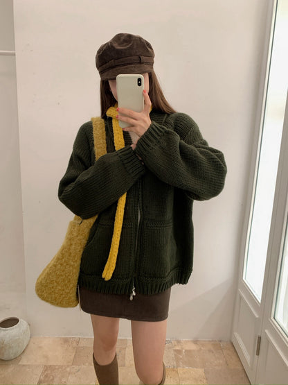 // 大口袋翻領粗棒織拉鍊CD