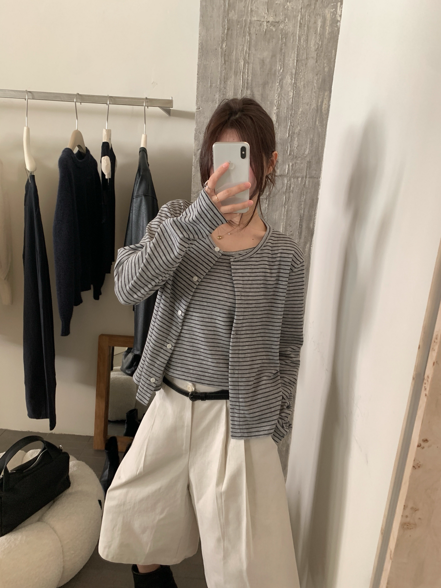 // 慵懶親膚間條吊帶+外套套裝