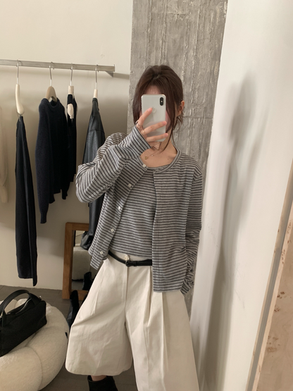 // 慵懶親膚間條吊帶+外套套裝