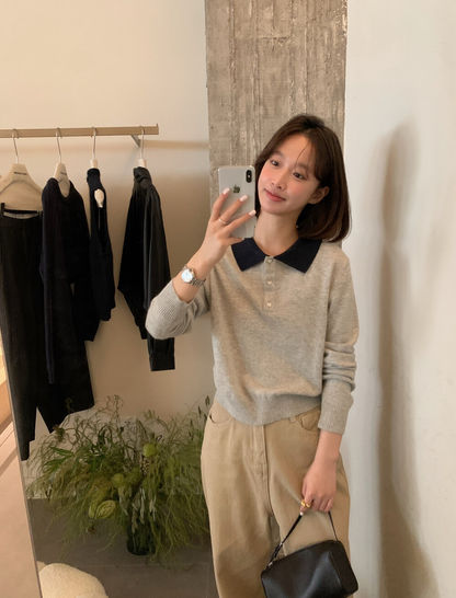 // 撞色翻領兔絨針織上衣