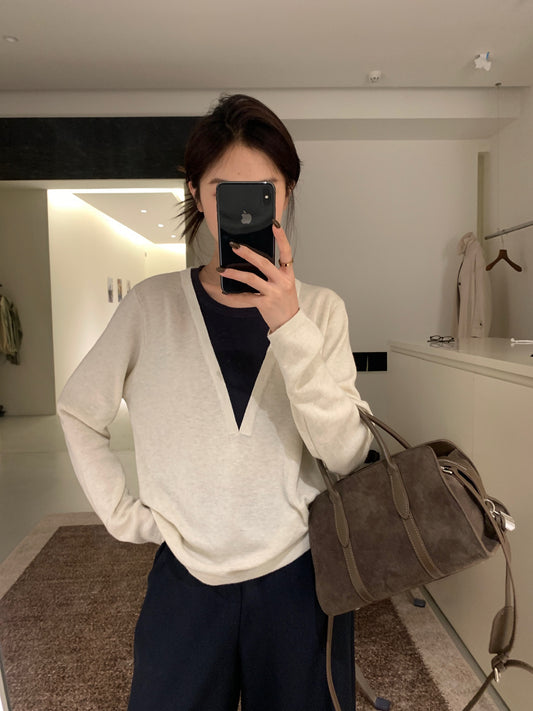 // 深V領假兩件針織上衣