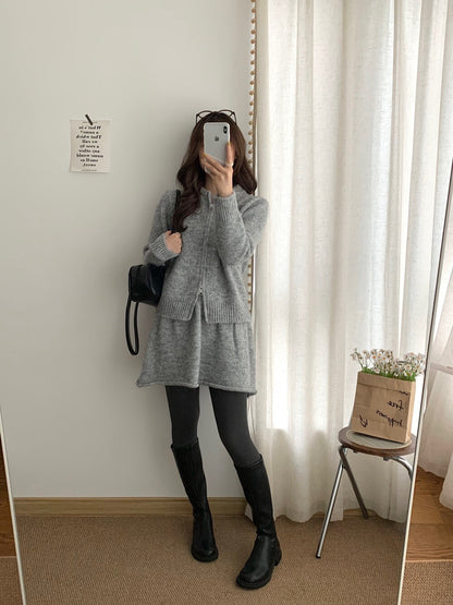 // 性價比超高！圓領拉鍊外套+短裙針織套裝