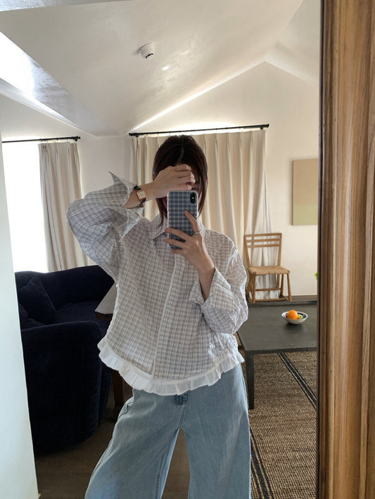 // 拼接花邊腳翻領格仔恤衫