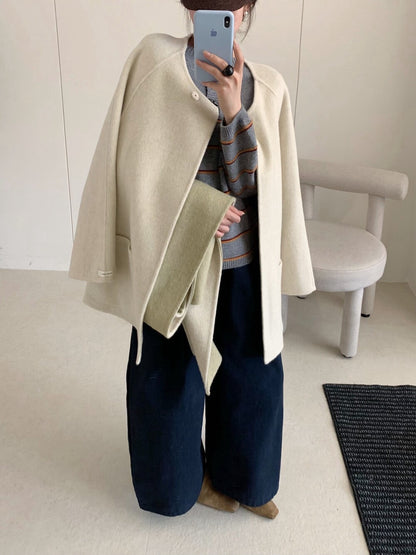// 超氣質內撞色簡潔圓領100%手工雙面羊毛外套(連頸巾)