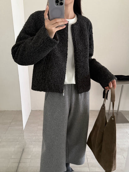 // 圓領圈圈絨簡約拉鏈外套