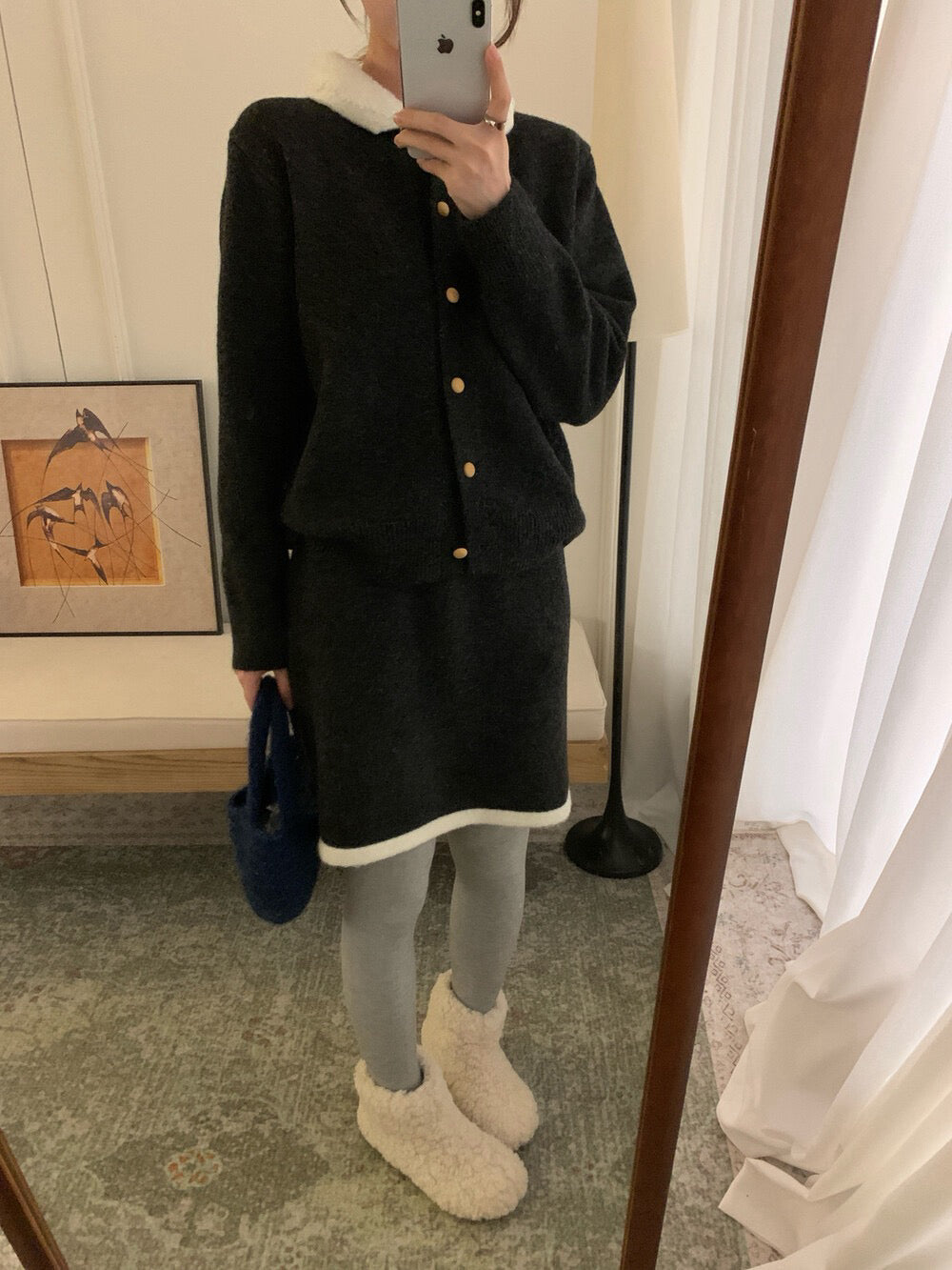 // 撞色領特別鈕扣開胸上衣+裙子套裝