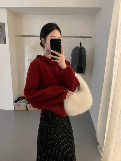 // 20%兔毛雙層荷葉領束袖口毛衣