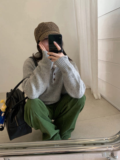 // 軟糯混兔毛花線鈕扣翻領毛衣