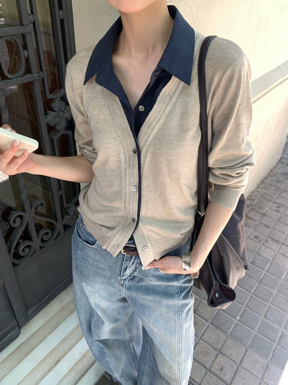 C08 / 撞色拼接翻領假兩件針織外套