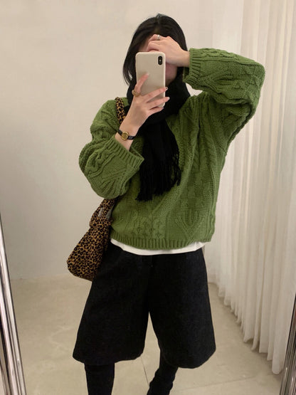 // 超美麻花織紋圓領套頭毛衣