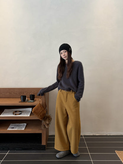 // 小口袋裝飾加絨直腳混羊毛呢褲(連腰帶)