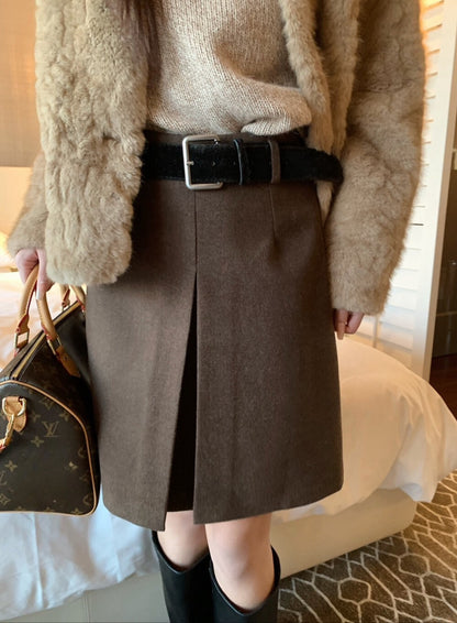 // 高級感雙層開叉五分毛呢裙