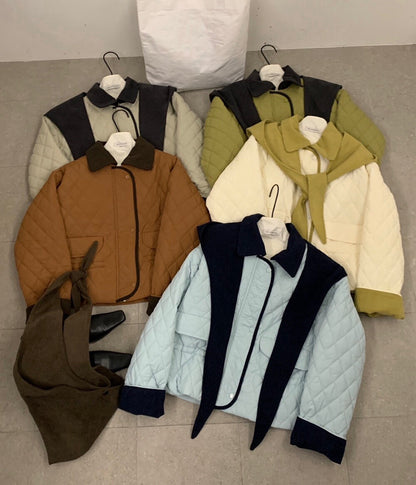 // 撞色包邊拼燈芯絨領可束腰菱格夾棉短外套(帽子可拆)