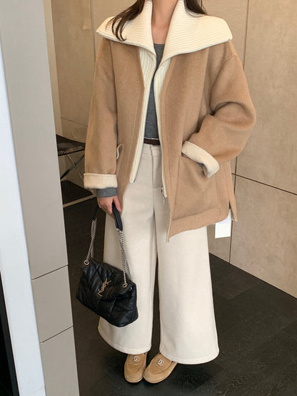 // 造型感針織翻領拼接假兩件手工羊毛外套(毛呢部份100%wool)