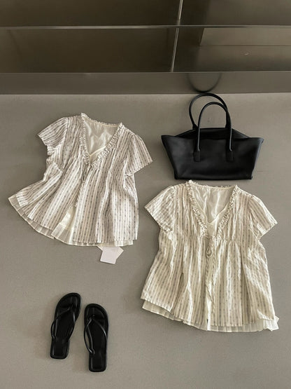// 棉感刺繡花紋壓褶腳假兩件花邊BL