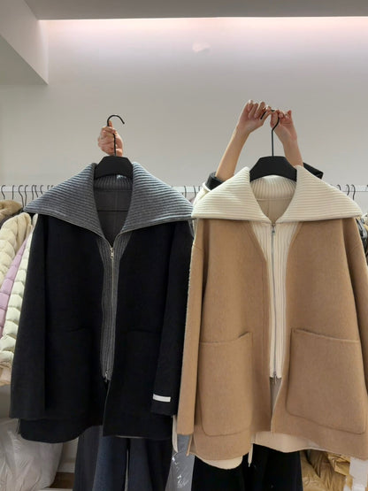 // 造型感針織翻領拼接假兩件手工羊毛外套(毛呢部份100%wool)