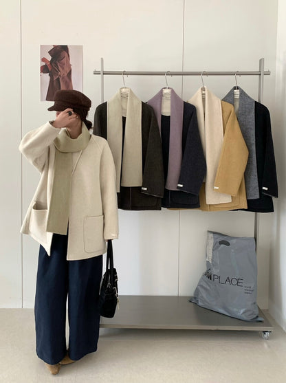 // 超氣質內撞色簡潔圓領100%手工雙面羊毛外套(連頸巾)