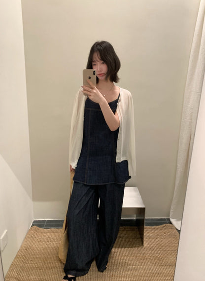 // 復古牛仔吊帶上衣+全長褲套裝(可分開單買)
