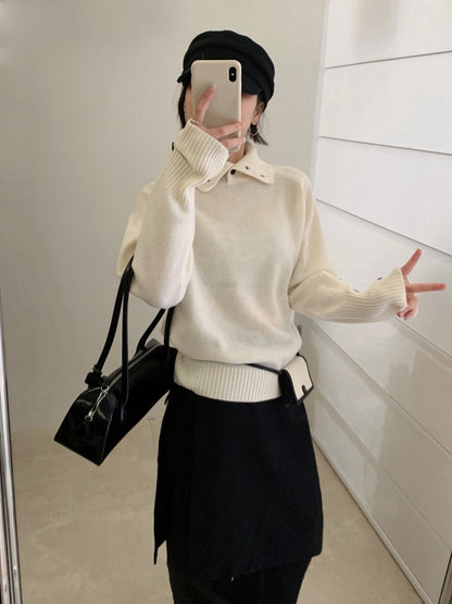 // 100%綿羊毛鈕扣可立領+設計感袖口毛衣