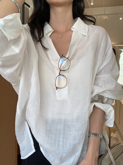 // 100%麻半鈕扣翻領透氣BL