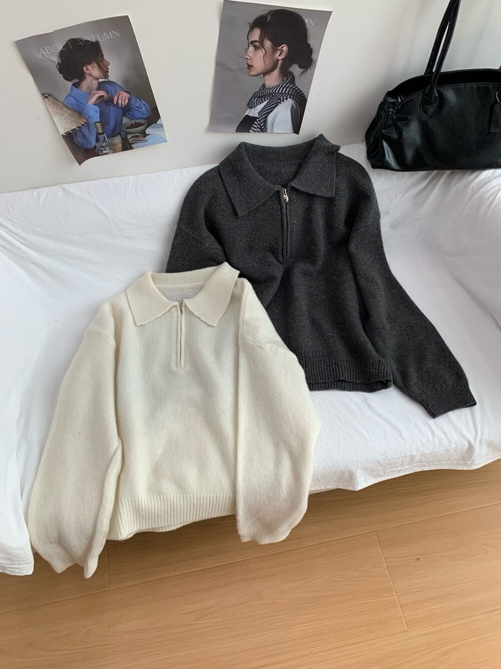 // 100%wool半拉鍊翻領毛衣