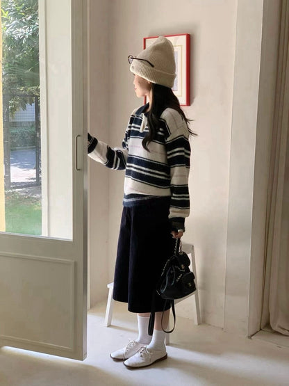 // 30%綿羊毛翻領拼色間條毛衣