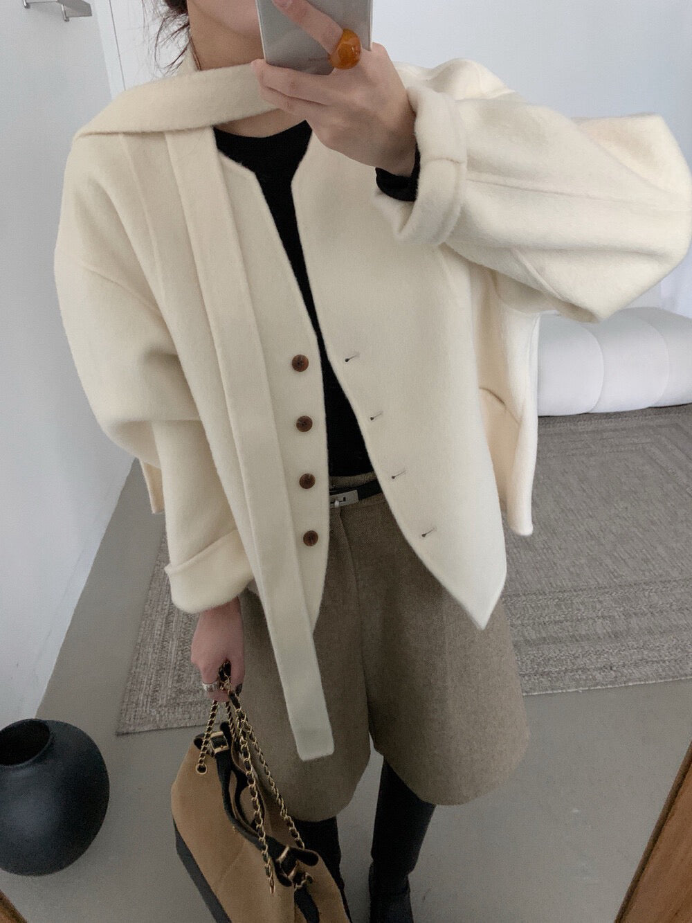 // 100%雙面羊毛handmade小V領連領帶外套