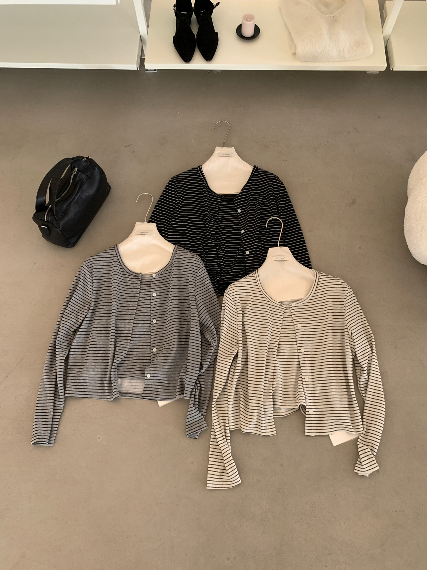 // 慵懶親膚間條吊帶+外套套裝