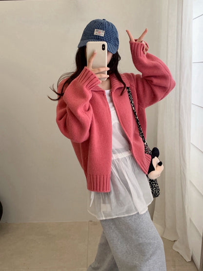 // 直坑紋大翻領上下拉鍊落肩CD