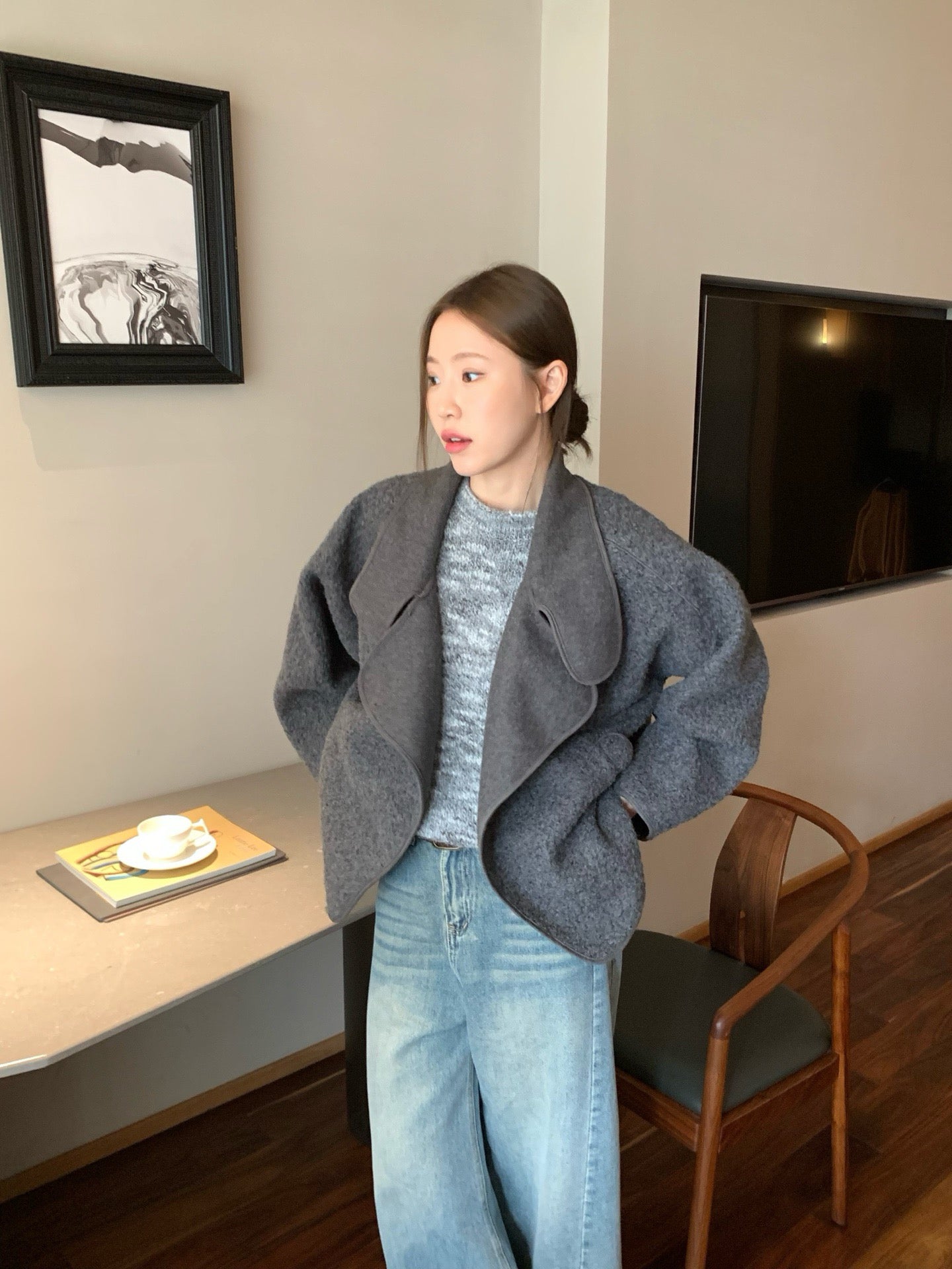 // 圈圈絨可立領中長外套