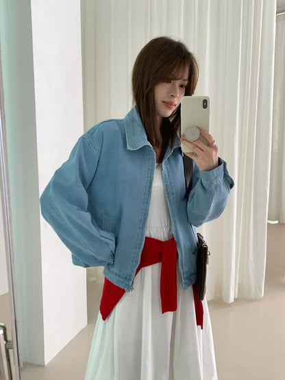 (現貨) // 簡約cutting翻領拉鍊牛仔外套