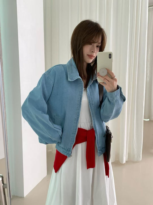 (現貨) // 簡約cutting翻領拉鍊牛仔外套